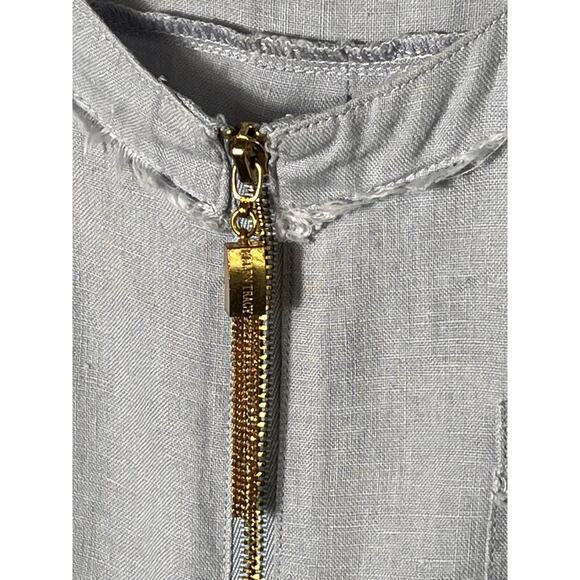 Ellen Tracy Linen Top XL Blue Zip Neck Roll Tab Sleeve 100%‎ Linen Tunic Blouse - Picture 4 of 13